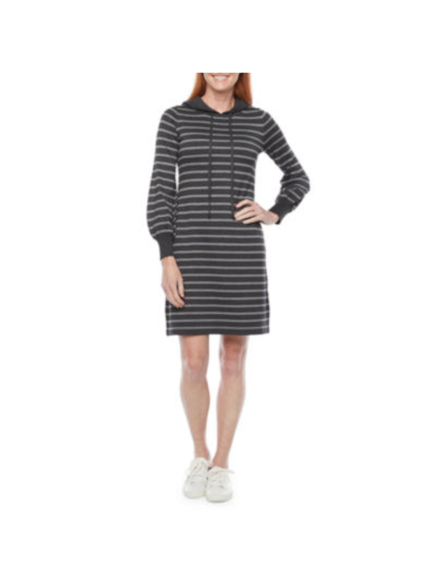JESSICA HOWARD Womens Gray Unlined Drawstring Hood Pullover Striped Long Sleeve Above The Knee Sweater Dress S