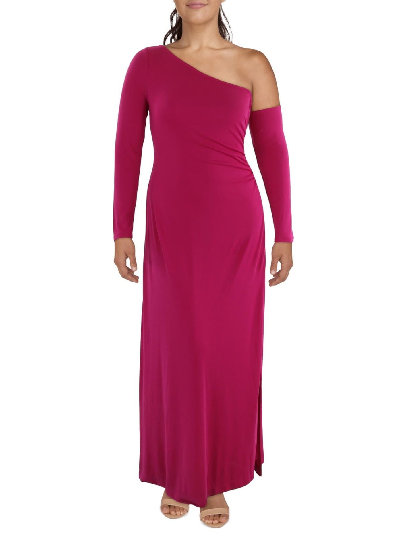 DONNA KARAN New YORK Womens Pink Stretch Ruched Slitted Lined Cold Shoulder Long Sleeve Asymmetrical Neckline Full-Length Evening Sheath Dress DONNA KARAN New YORK Womens Pink Stretch Ruched Slitted Lined Cold Shoulder Long Sleeve Asymmetrical Neckline Full-Length Evening Sheath Dress