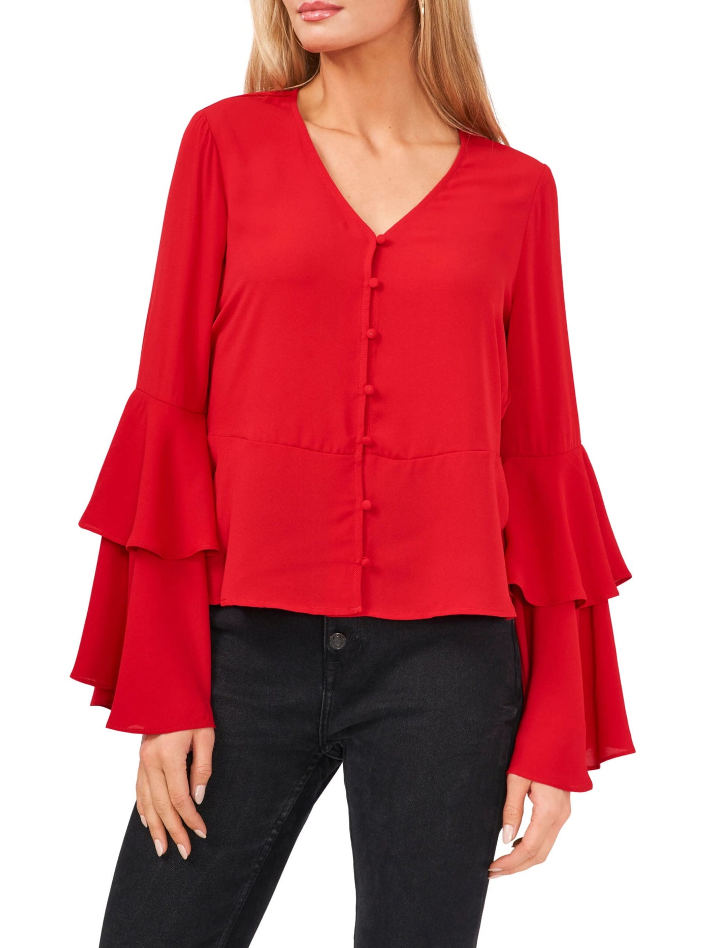 VINCE CAMUTO Womens Red Unlined Button Front Tiered Ruffled Cuff Bell Sleeve V Neck Wear To Work Peplum Top XS