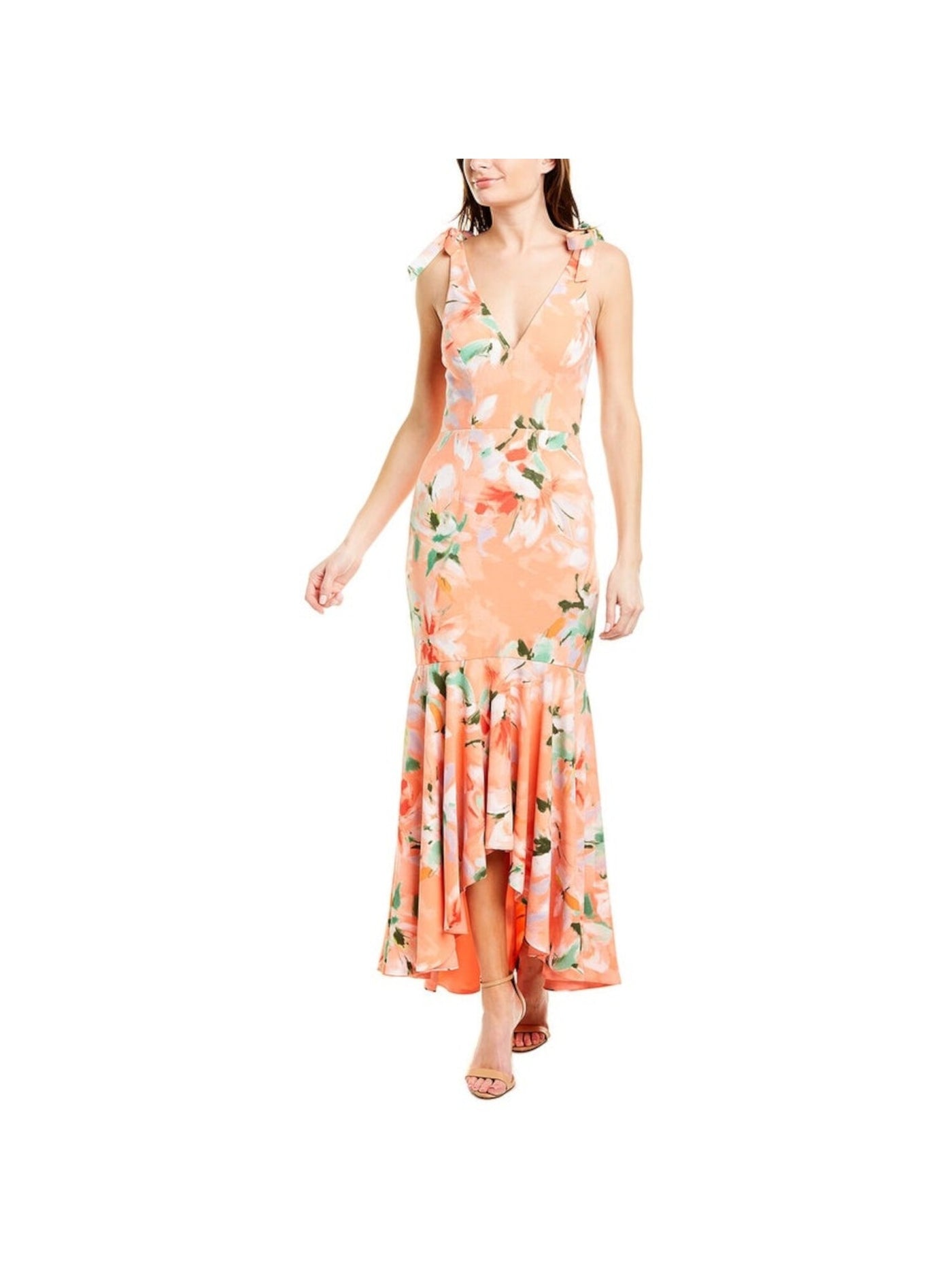 DRESS THE POPULATION Womens Coral Tie Shoulders Floral Spaghetti Strap V Neck Maxi Formal Hi-Lo Dress XS