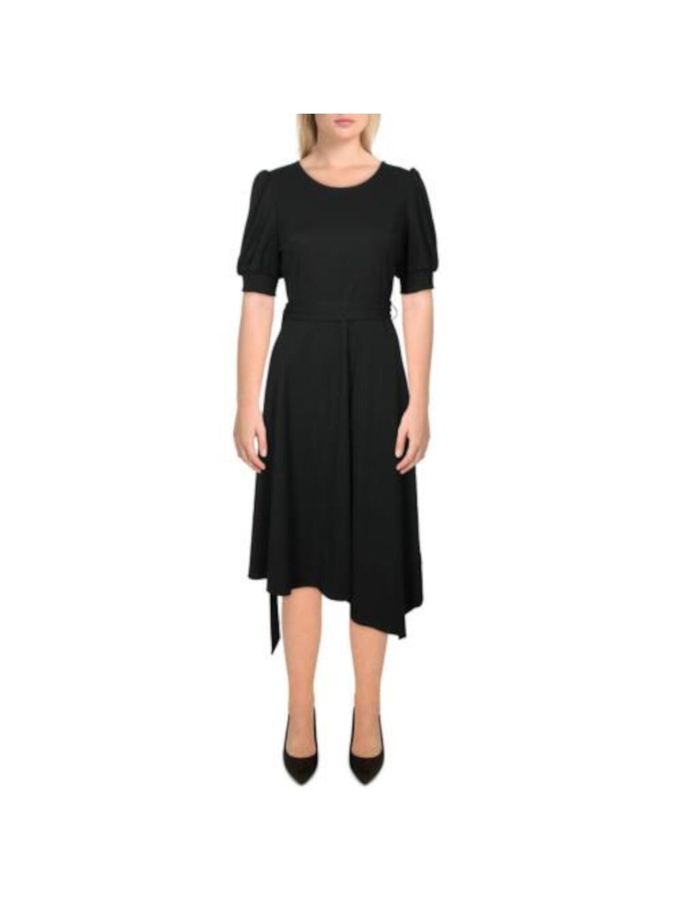 KARL LAGERFELD Womens Black Tie Smocked Cuffs Asymmetric Hem Pouf Sleeve Round Neck Below The Knee Evening Shift Dress 4