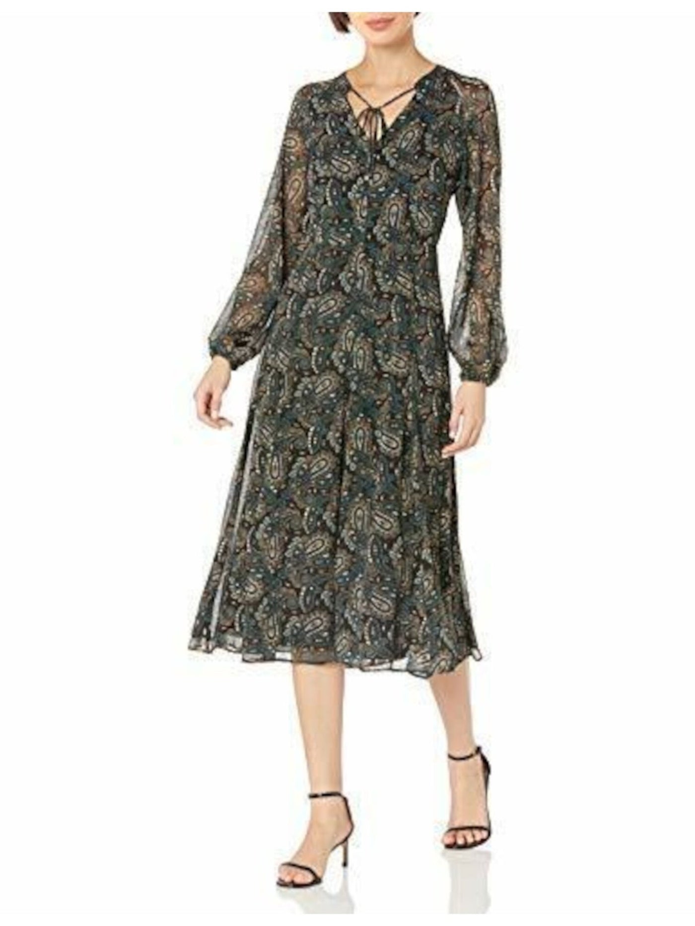 TOMMY HILFIGER Womens Black Zippered Chiffon Lined Paisley Long Sleeve Tie Neck Midi Wear To Work Sheath Dress 4