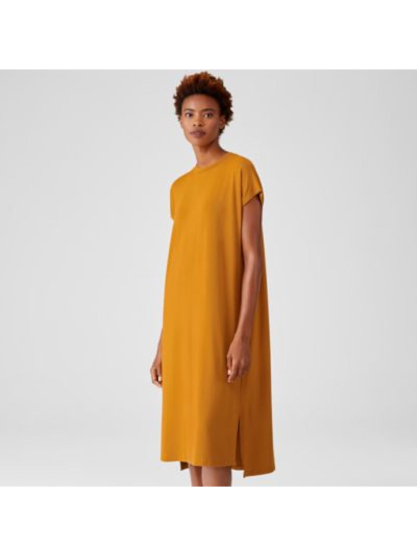 EILEEN FISHER Womens Gold Stretch Slitted Relaxed-fit Pullover Cap Sleeve Crew Neck Below The Knee Shift Dress L