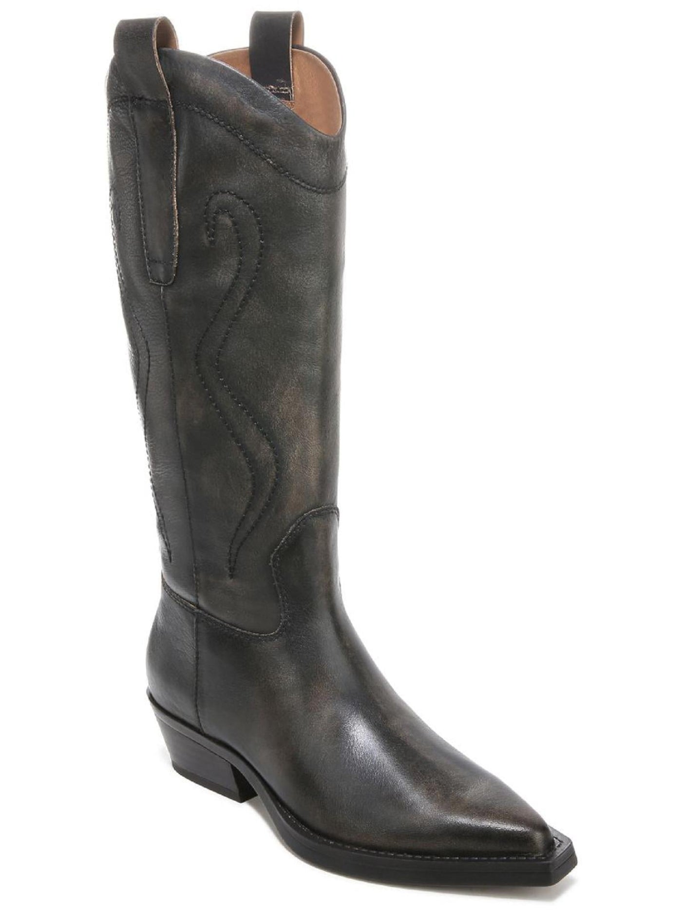 FRANCO SARTO Womens Black Side Pull-Tabs Padded Liandra Almond Toe Block Heel Zip-Up Leather Western Boot 7 M