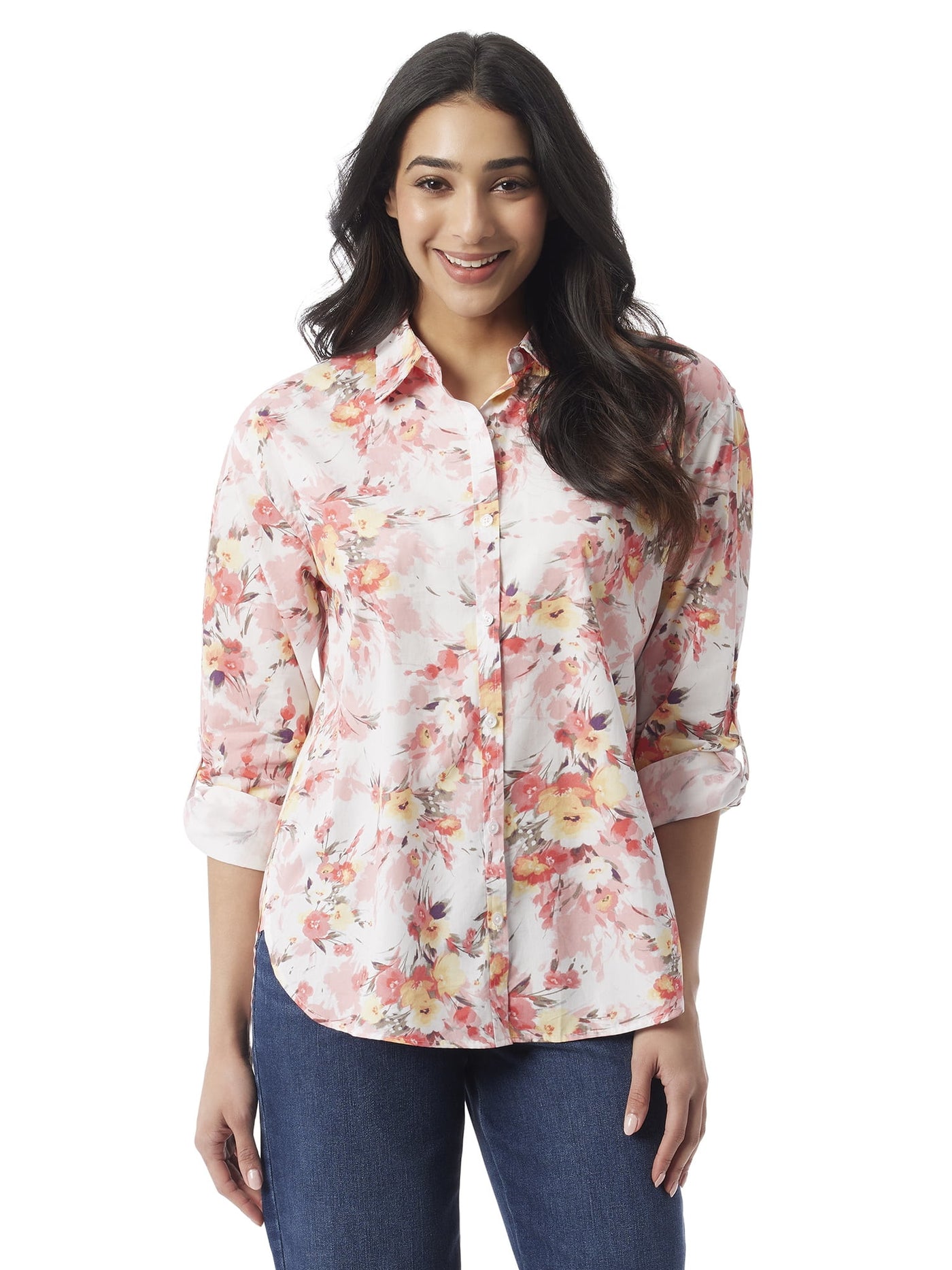 GLORIA VANDERBILT Womens White Cotton Floral Roll-tab Sleeve Point Collar Button Up Top XL