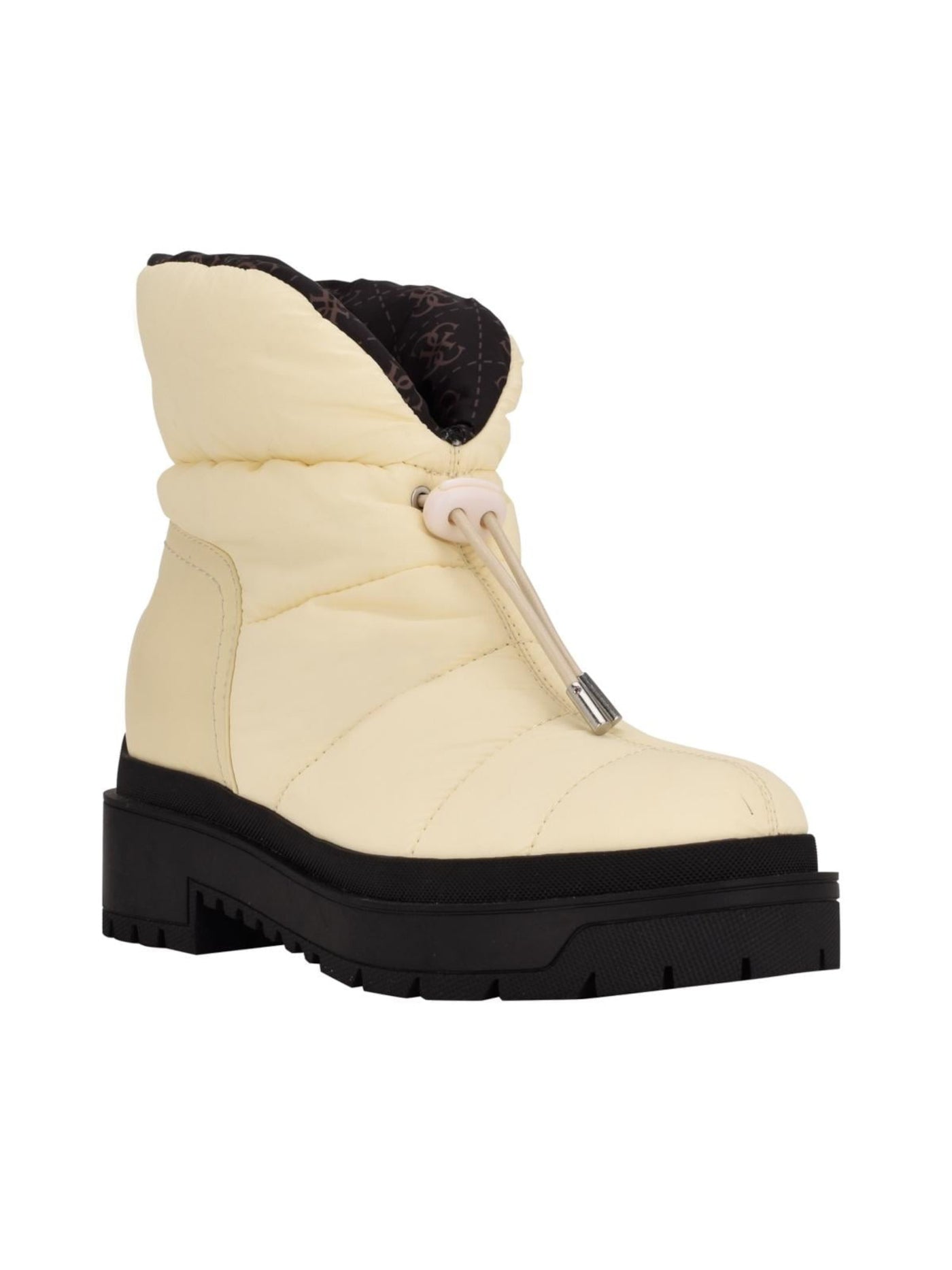 GUESS Womens Ivory Mixed Media 1 Platform Logo Lug Sole Quilted Leeda Round Toe Winter Boots 8 M