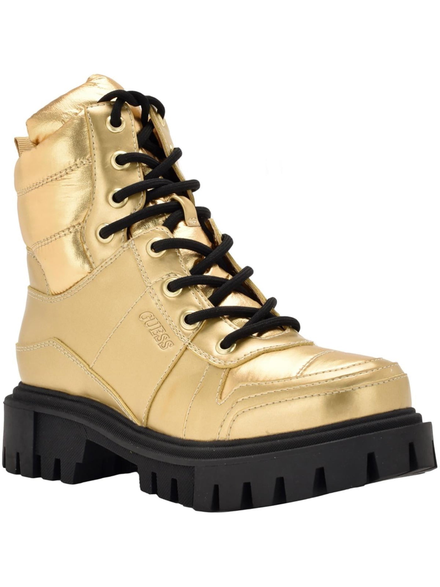GUESS Womens Gold 1" Platform Back Pull-Tab Lug Sole Padded Tisley Round Toe Block Heel Lace-Up Combat Boots 7 M