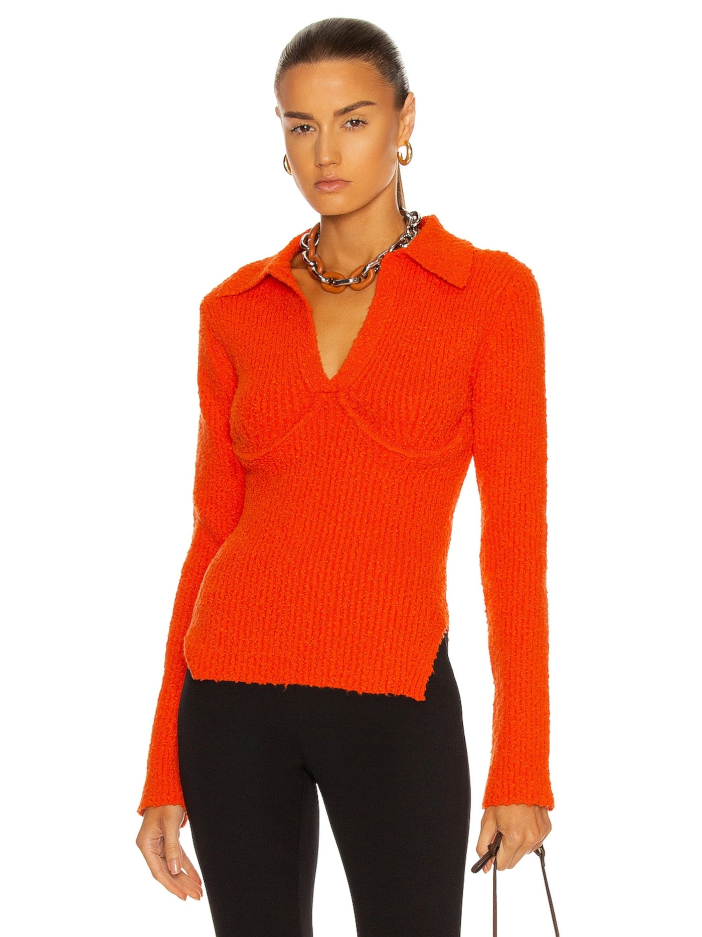 HELMUT LANG Womens Orange Textured Ribbed Underwire Pullover Vented Hem Long Sleeve Collared Sweater XXS