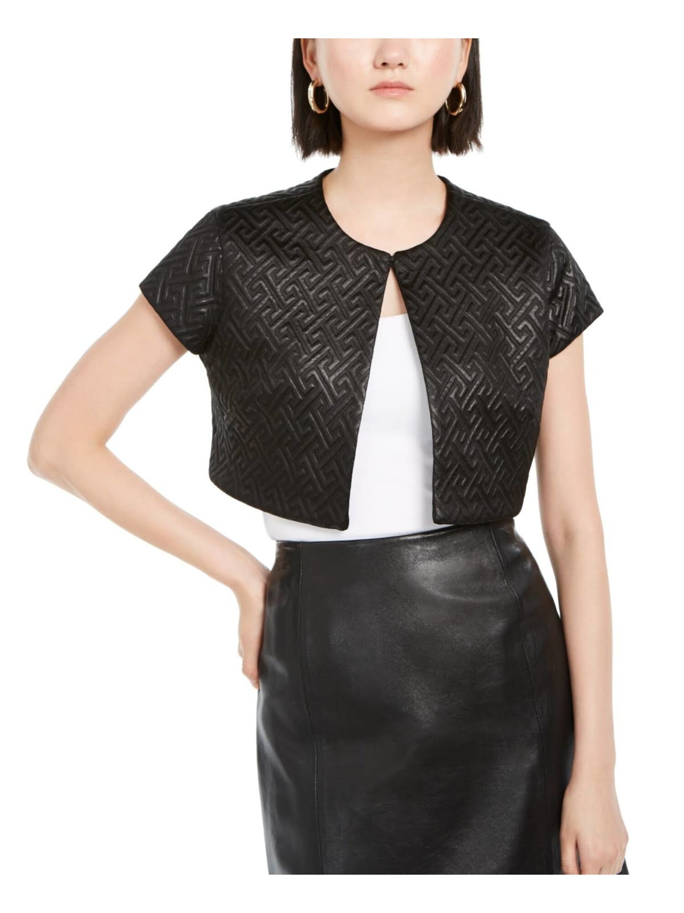 NATORI Womens Black Textured Vest Quilted Maze Short Sleeve Open Cardigan Evening Crop Top Bolero Straight leg Jacket XS