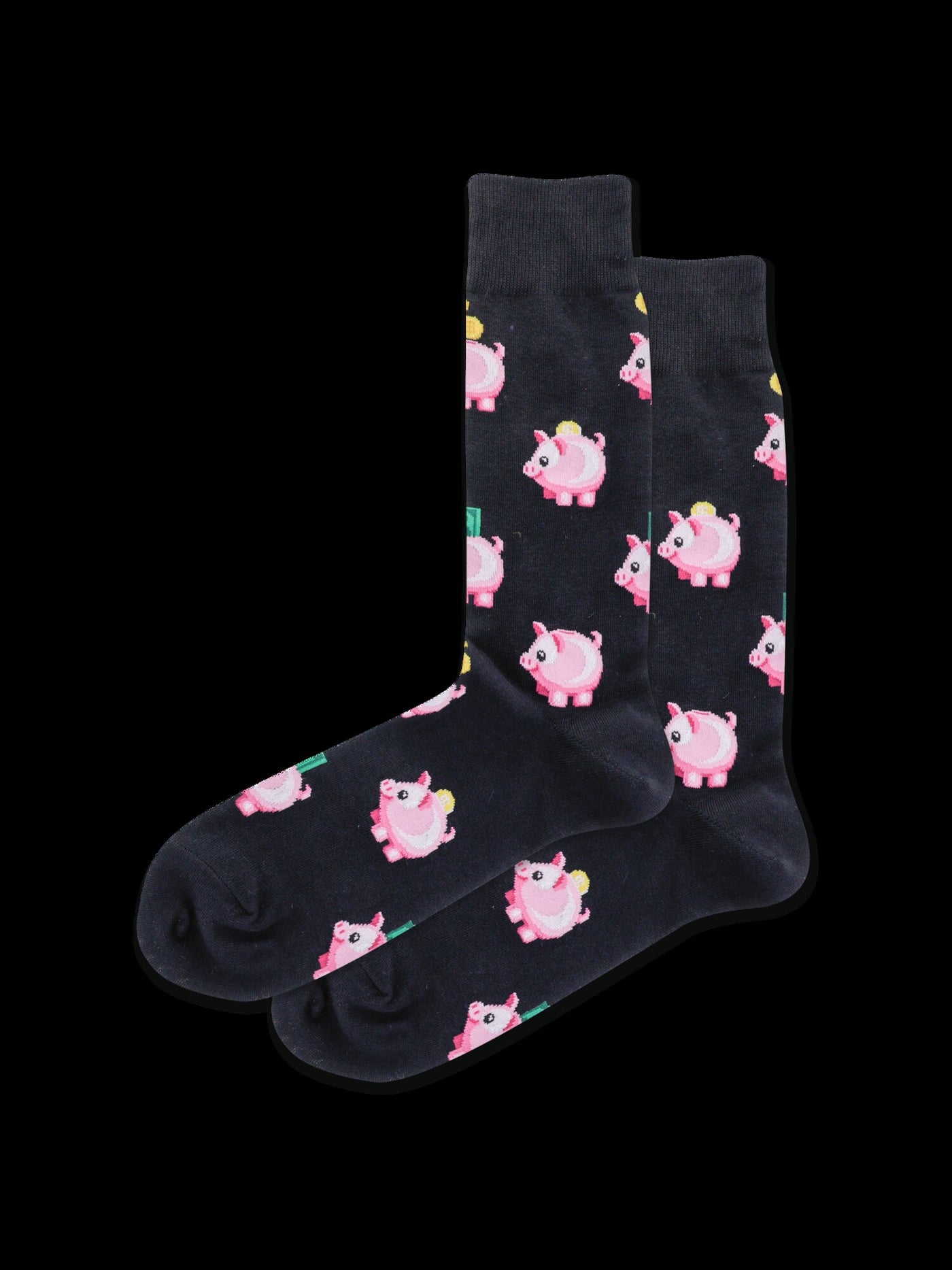 HOTSOX Black Graphic Elasticized Cuff Piggy Bank Novelty Crew Socks 6-12.5