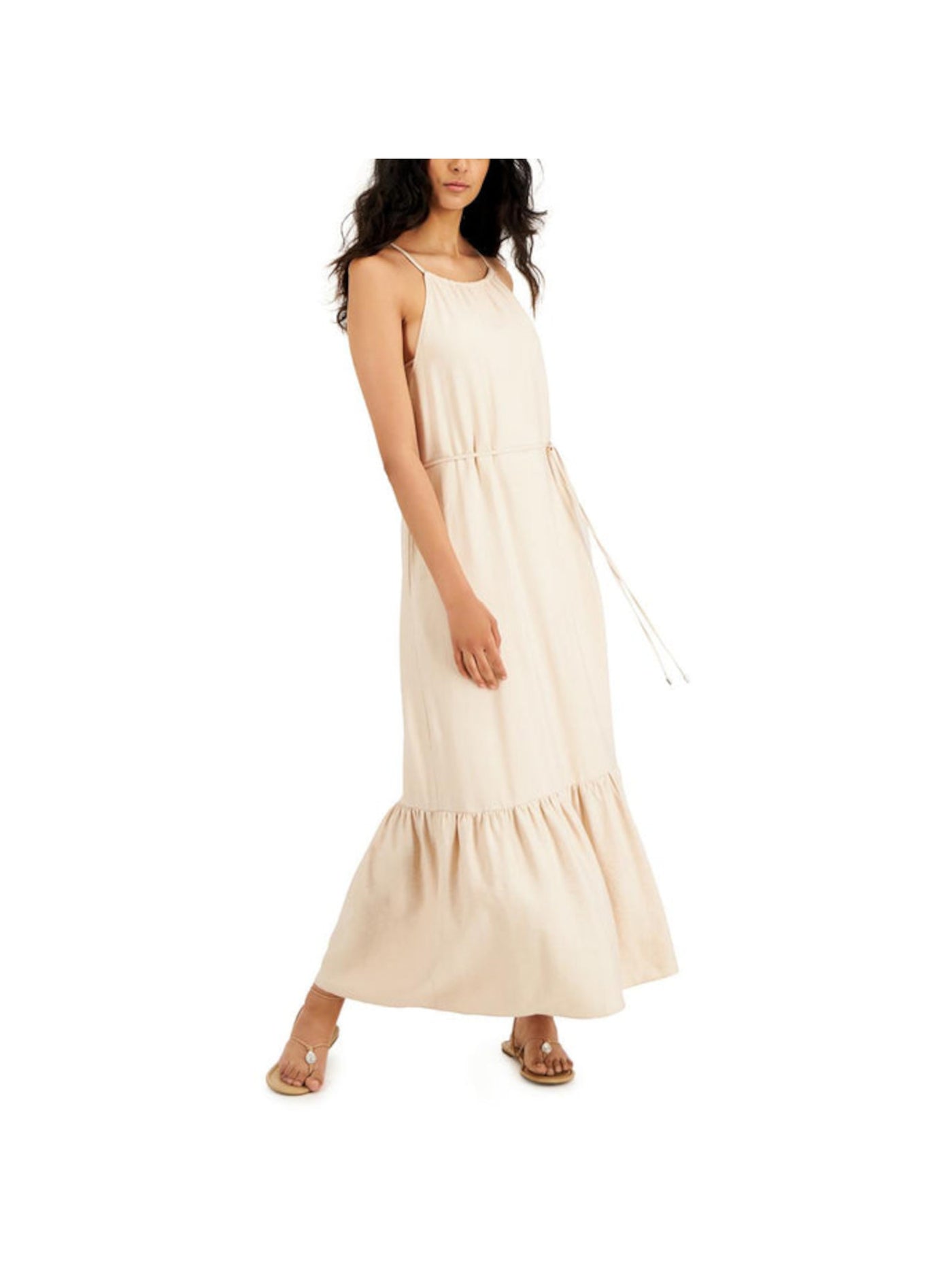 INC DRESSES Womens Beige Ruched Belted Tie Keyhole Back Tiered Hem Sleeveless Halter Maxi Shift Dress 16