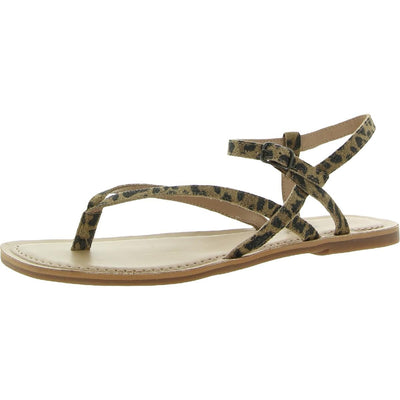 LUCKY BRAND Womens Beige Animal Print Leopard Ankle Strap Comfort Bylee Square Toe Buckle Leather Thong Sandals Shoes 10 M