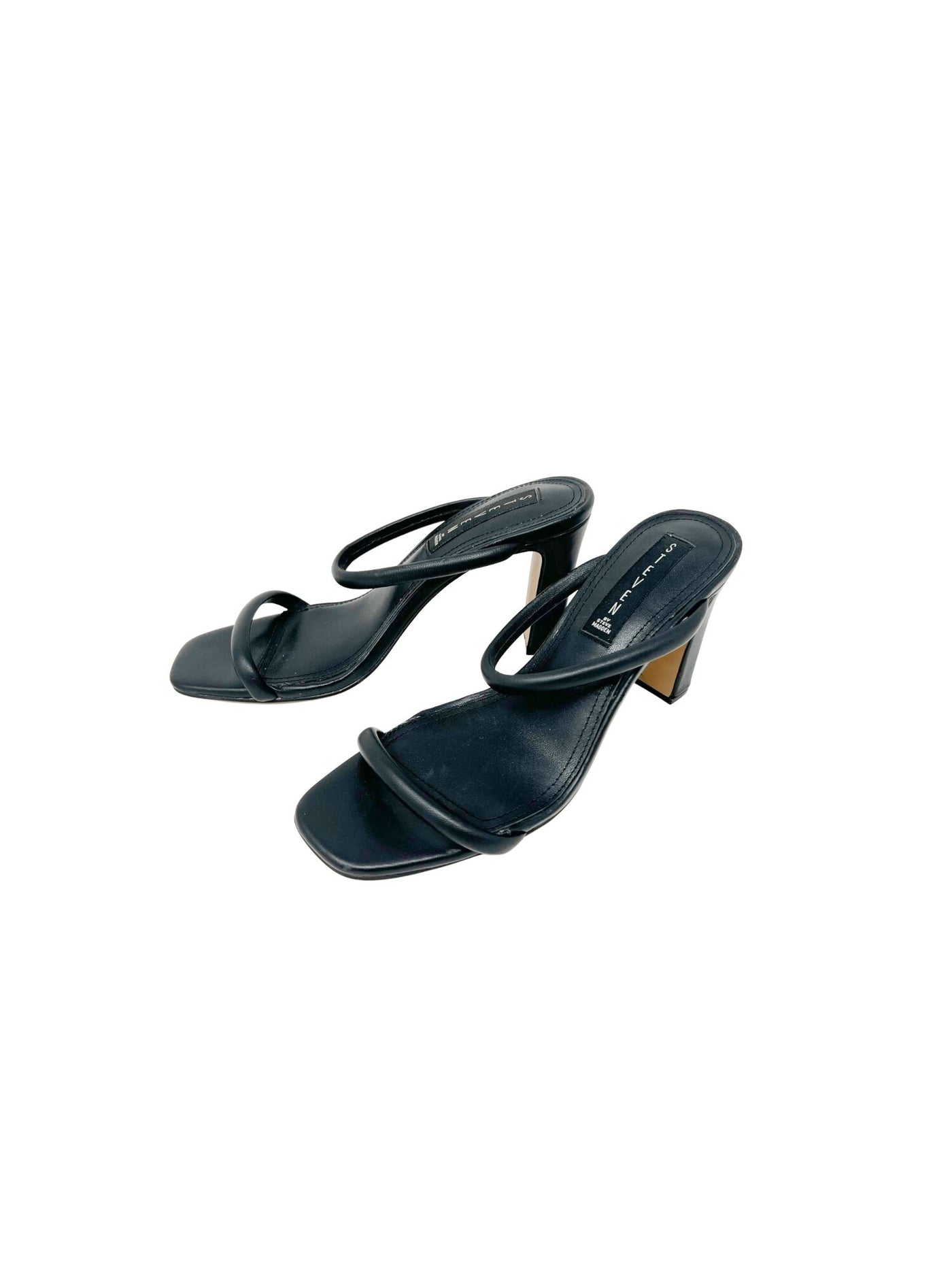STEVEN Womens Black Comfort Padded Jersey By Steve Madden Square Toe Block Heel Slip On Leather Dress Sandals Shoes 7.5 M