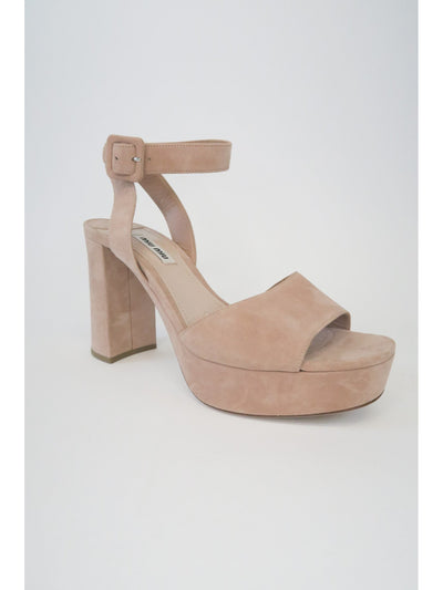 MIU MIU Womens Beige 1-1/2" Platform Ankle Strap Open Toe Block Heel Buckle Suede Heeled Sandal 41