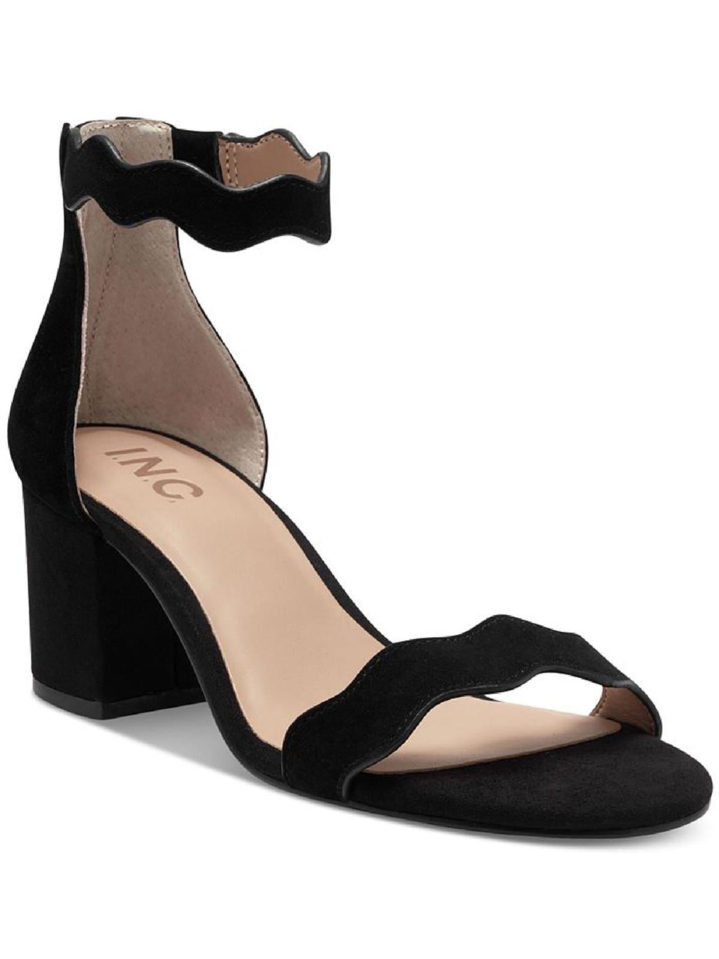 INC Womens Black Rhinestone Ankle Strap Scalloped Kadwin Round Toe Block Heel Zip-Up Dress Sandals Shoes 5.5 M