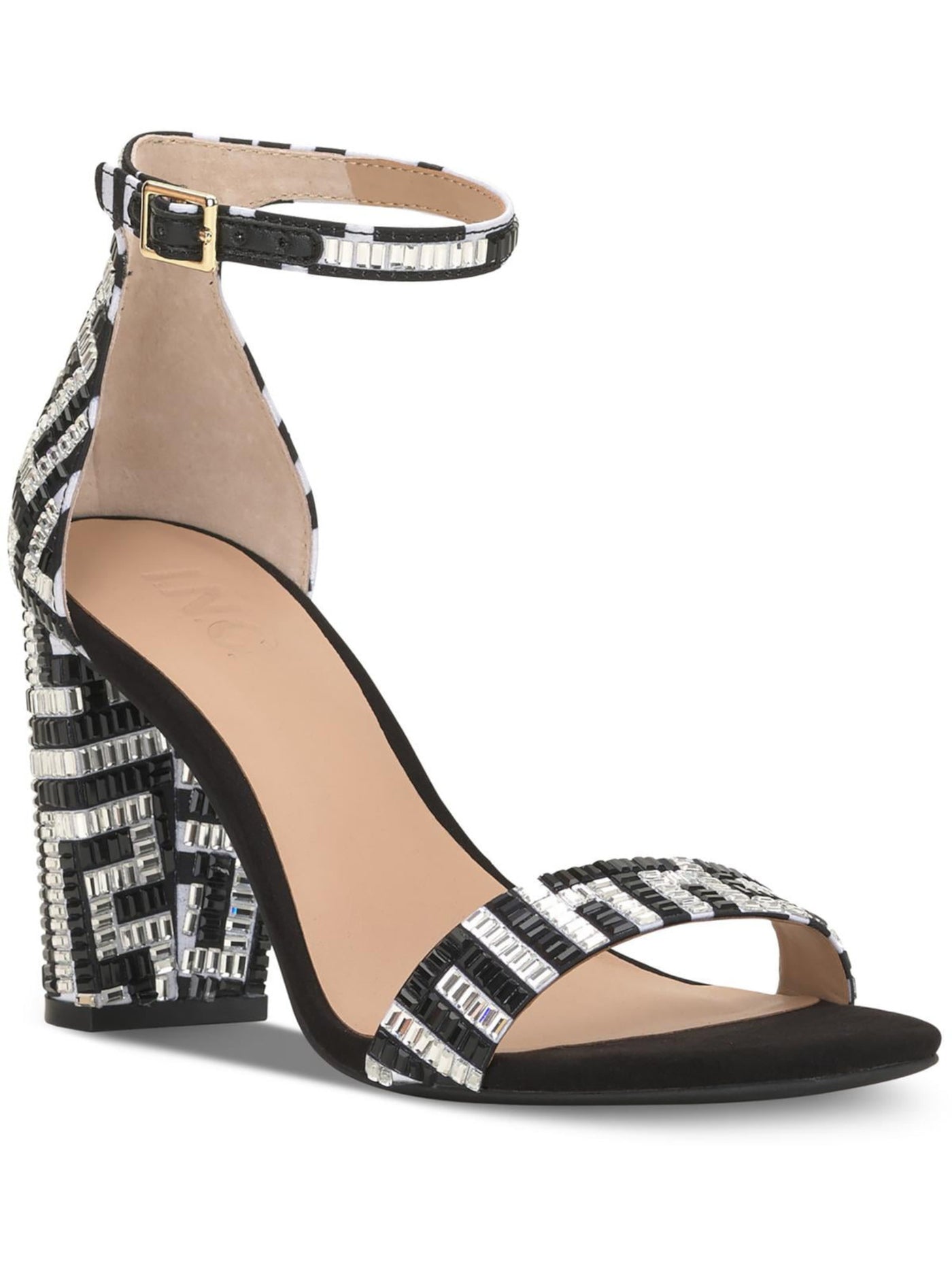 INC Womens Black Mixed Media Embellished Padded Lexini Square Toe Block Heel Buckle Heeled Sandal 7.5 M