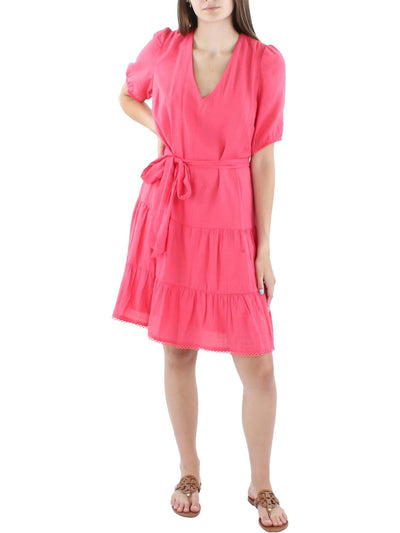 INC DRESSES Womens Pink Zippered Lined Tiered Tie Back And Waist Elbow Sleeve V Neck Above The Knee A-Line Dress S