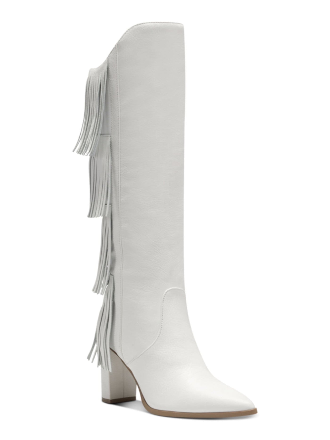 INC Womens White Fringed Yomesa Pointed Toe Block Heel Leather Dress Boots 7 M