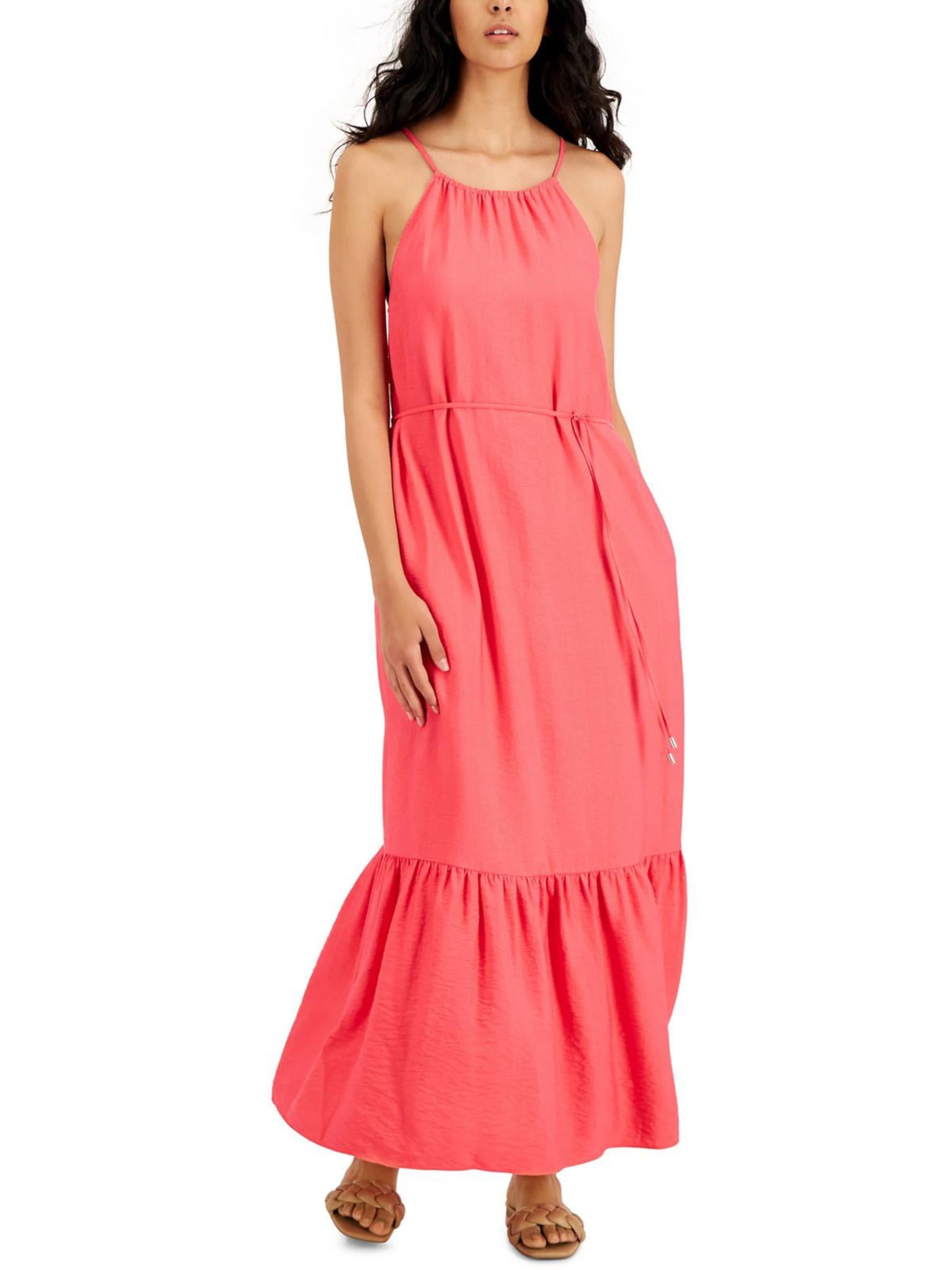 INC DRESSES Womens Pink Ruched Belted Tie Keyhole Back Tiered Hem Sleeveless Halter Maxi Shift Dress 10