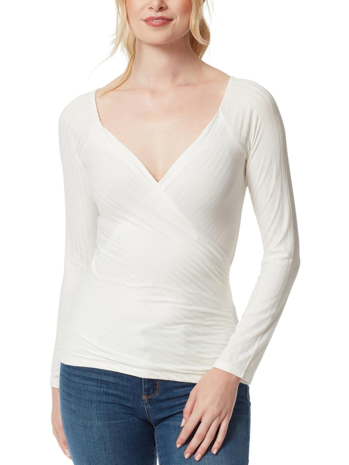 JESSICA SIMPSON Womens Ivory Ruched Pullover Long Sleeve Surplice Neckline Faux Wrap Top XS