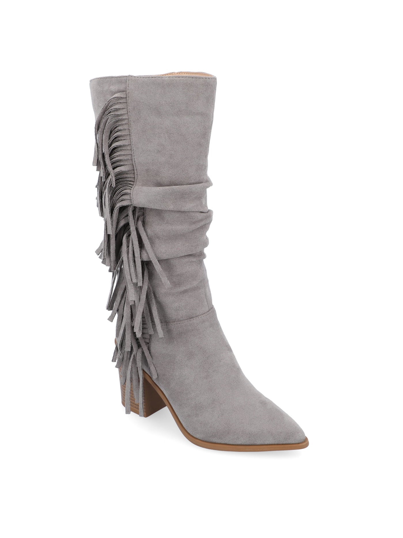 JOURNEE COLLECTION Womens Gray Ankle Zip Cushioned Western Inspired Fringed Wide Calf Hartly Pointed Toe Block Heel Slouch Boot 6 XWC