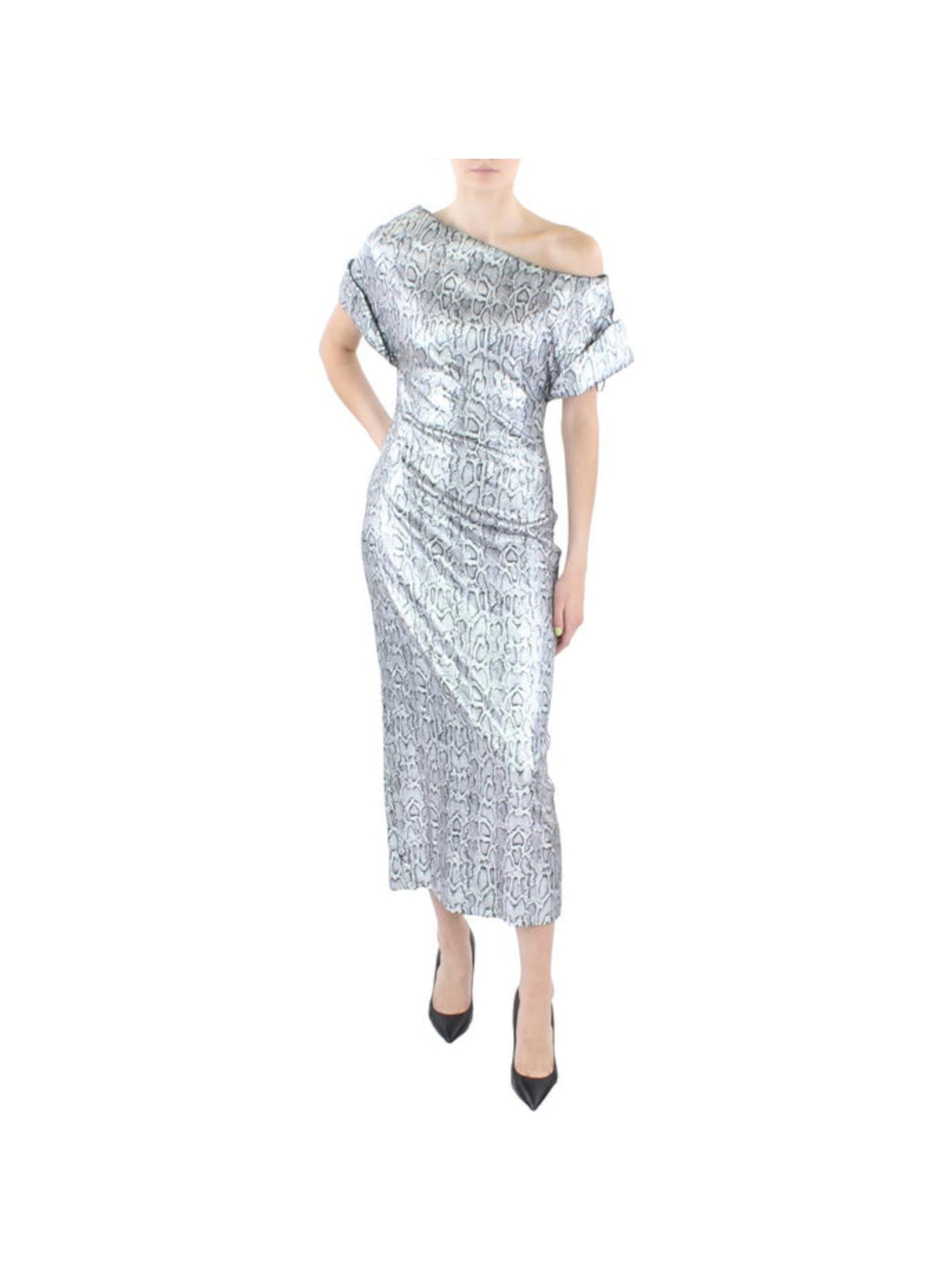 CHRISTOPHER KANE Womens Silver Zippered Textured Boning Rolled Cuffs Lined Animal Print Short Sleeve Asymmetrical Neckline Midi Evening Sheath Dress 8