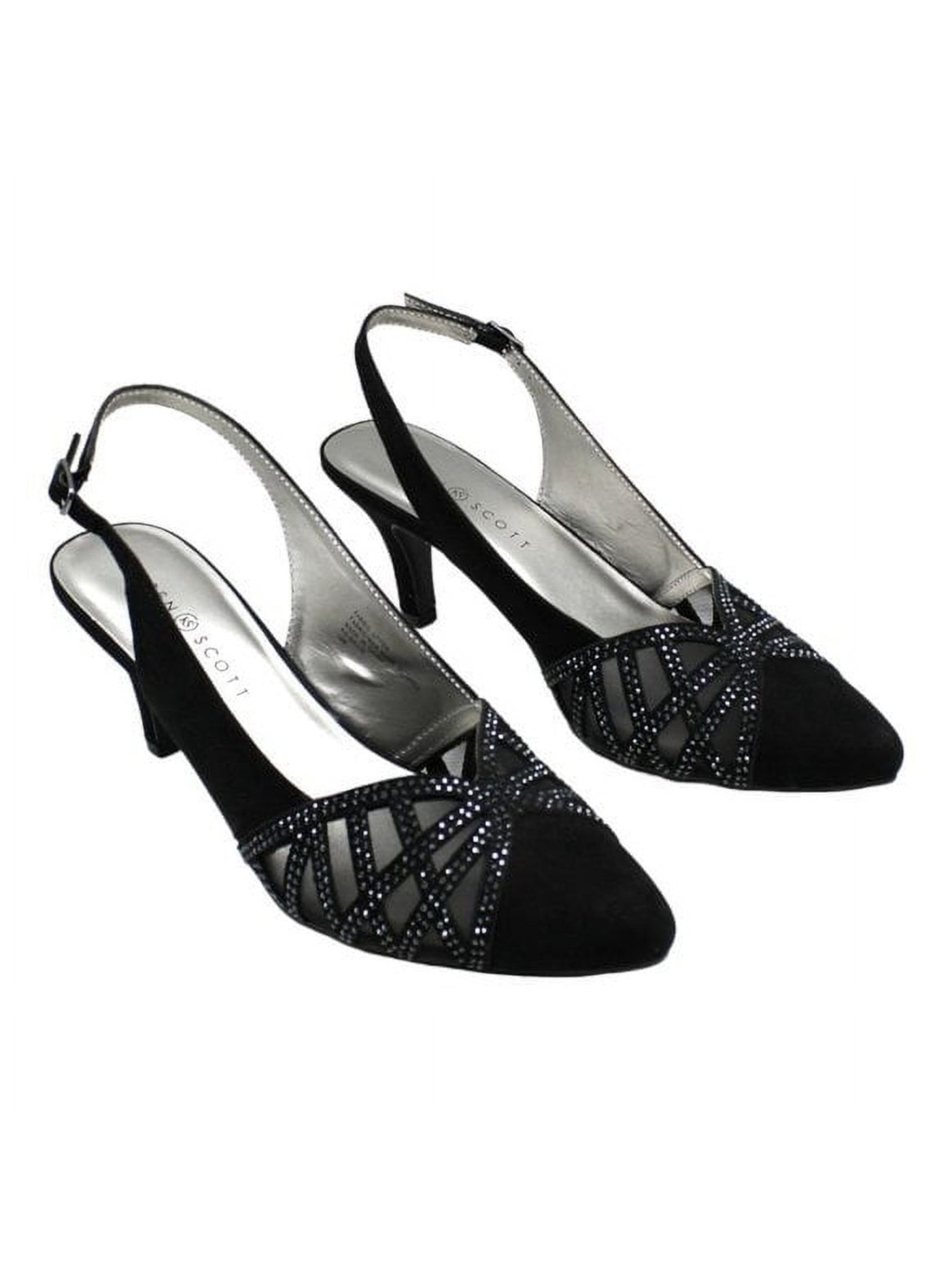 KAREN SCOTT Womens Black Mixed Media Embellished Padded Gillis Pointed Toe Sculpted Heel Buckle Dress Slingback 5 M