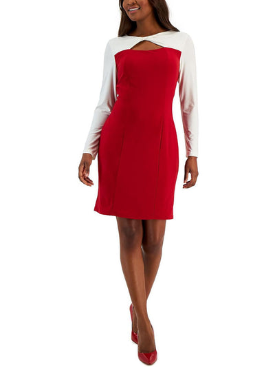 KASPER DRESS Womens Red Cut Out Lined Knot Neck Lined Color Block Long Sleeve Above The Knee Party Body Con Dress XXL