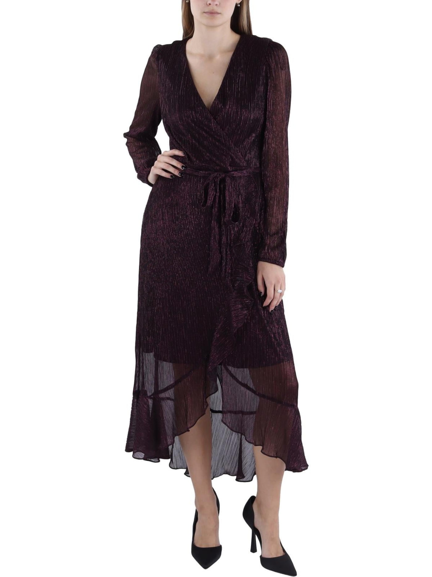 KENSIE DRESSES Womens Burgundy Belted Zippered Ruffled Hi-lo Hem Blous – Bobbi + Bricka