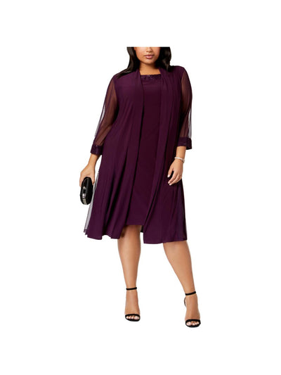R&M RICHARDS Womens Purple Stretch Embellished Sheer Sleeveless Scoop Neck Knee Length Formal Shift Dress Plus 18W