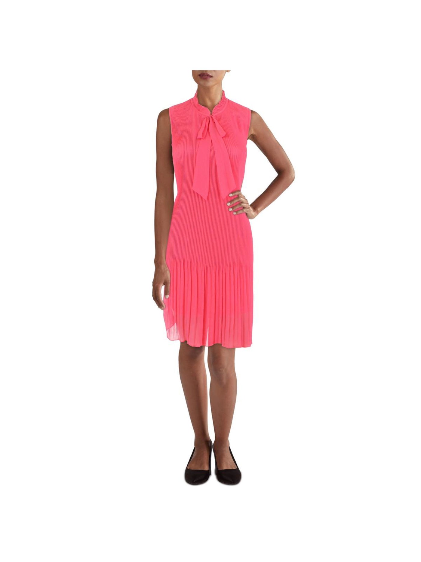 DKNY Womens Coral Pleated Sheer Lined Sleeveless Tie Neck Above The Knee Wear To Work Shift Dress 2