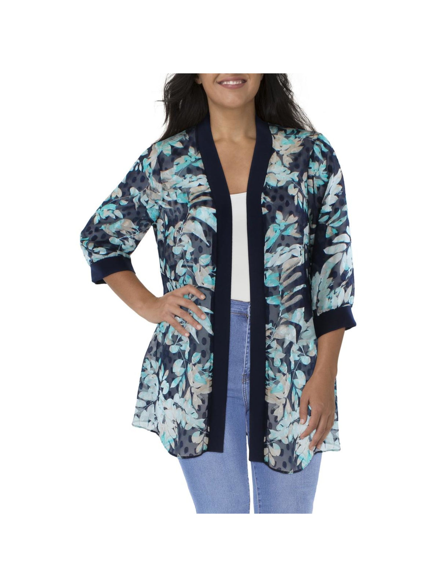 R&M RICHARDS PETITE Womens Navy Floral 3/4 Sleeve Open Front Wear To Work Cardigan Petites 4P