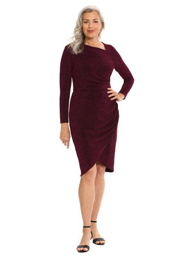 LONDON TIMES WOMAN Womens Purple Zippered Ruched Slitted Lined Heather Long Sleeve Asymmetrical Neckline Knee Length Cocktail Faux Wrap Dress Plus 18W
