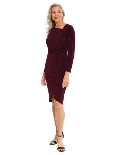 LONDON TIMES WOMAN Womens Purple Zippered Ruched Slitted Lined Heather Long Sleeve Asymmetrical Neckline Knee Length Cocktail Faux Wrap Dress Plus 18W