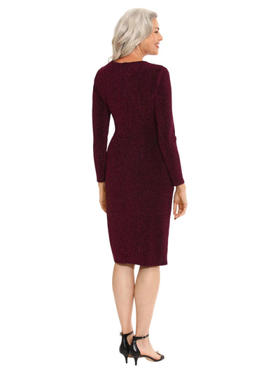 LONDON TIMES WOMAN Womens Purple Zippered Ruched Slitted Lined Heather Long Sleeve Asymmetrical Neckline Knee Length Cocktail Faux Wrap Dress Plus 18W