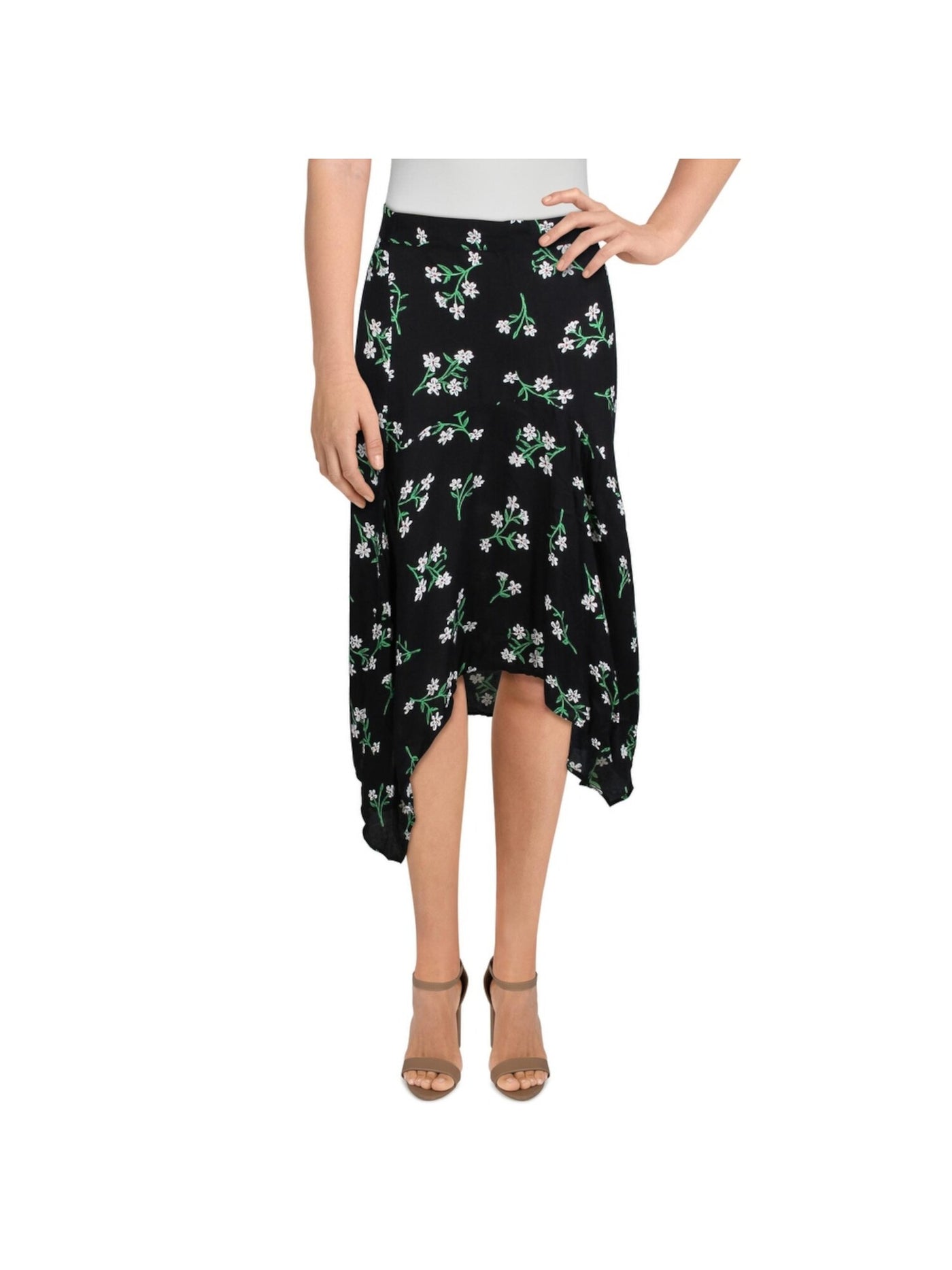 LUSH Womens Black Ruffled Zippered Floral Knee Length Cocktail Hi-Lo Skirt S