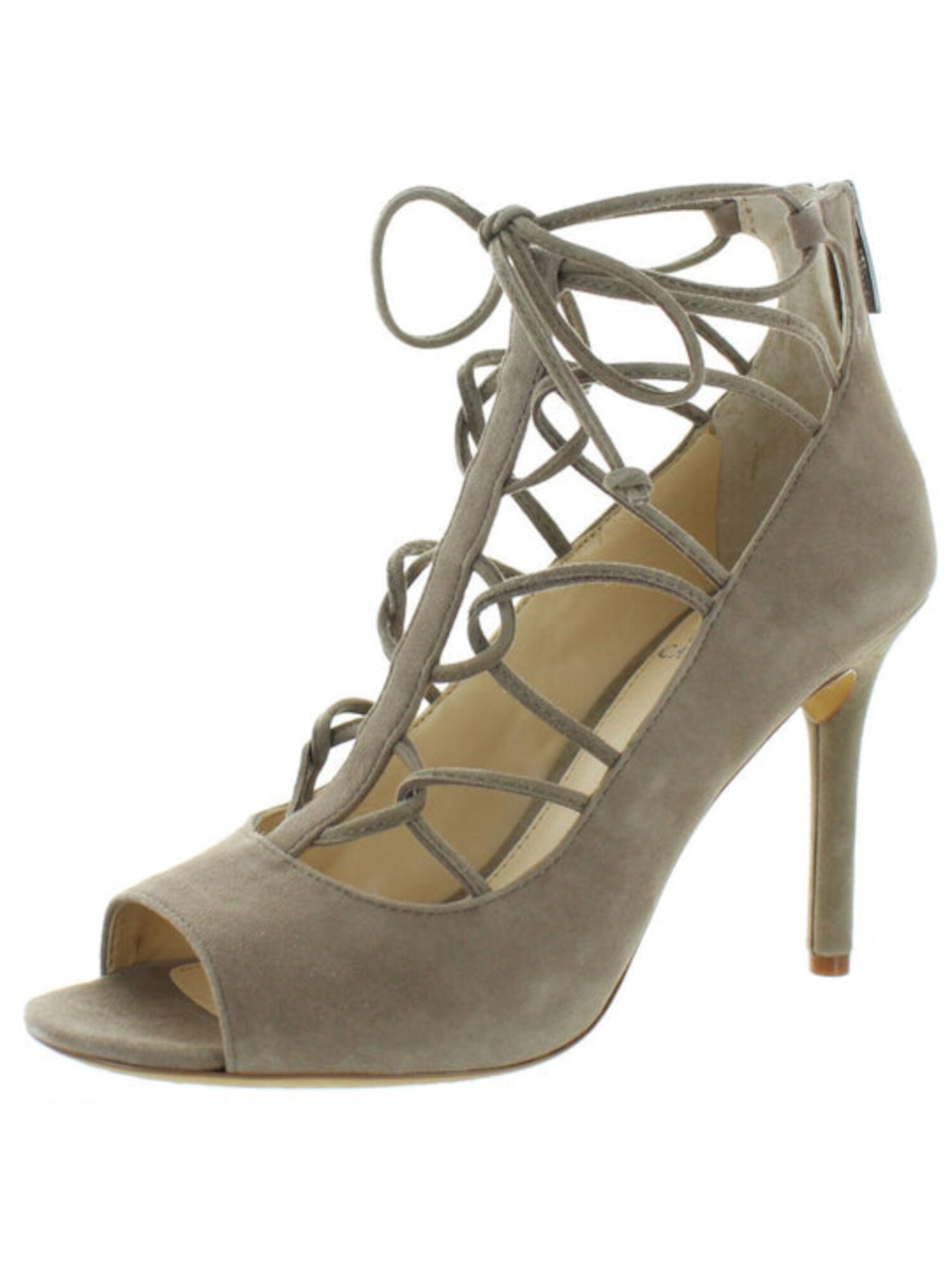 VINCE CAMUTO Womens Beige Cage-Inspired Lace Comfort Chennan Open Toe Stiletto Zip-Up Suede Dress Pumps Shoes 8 M