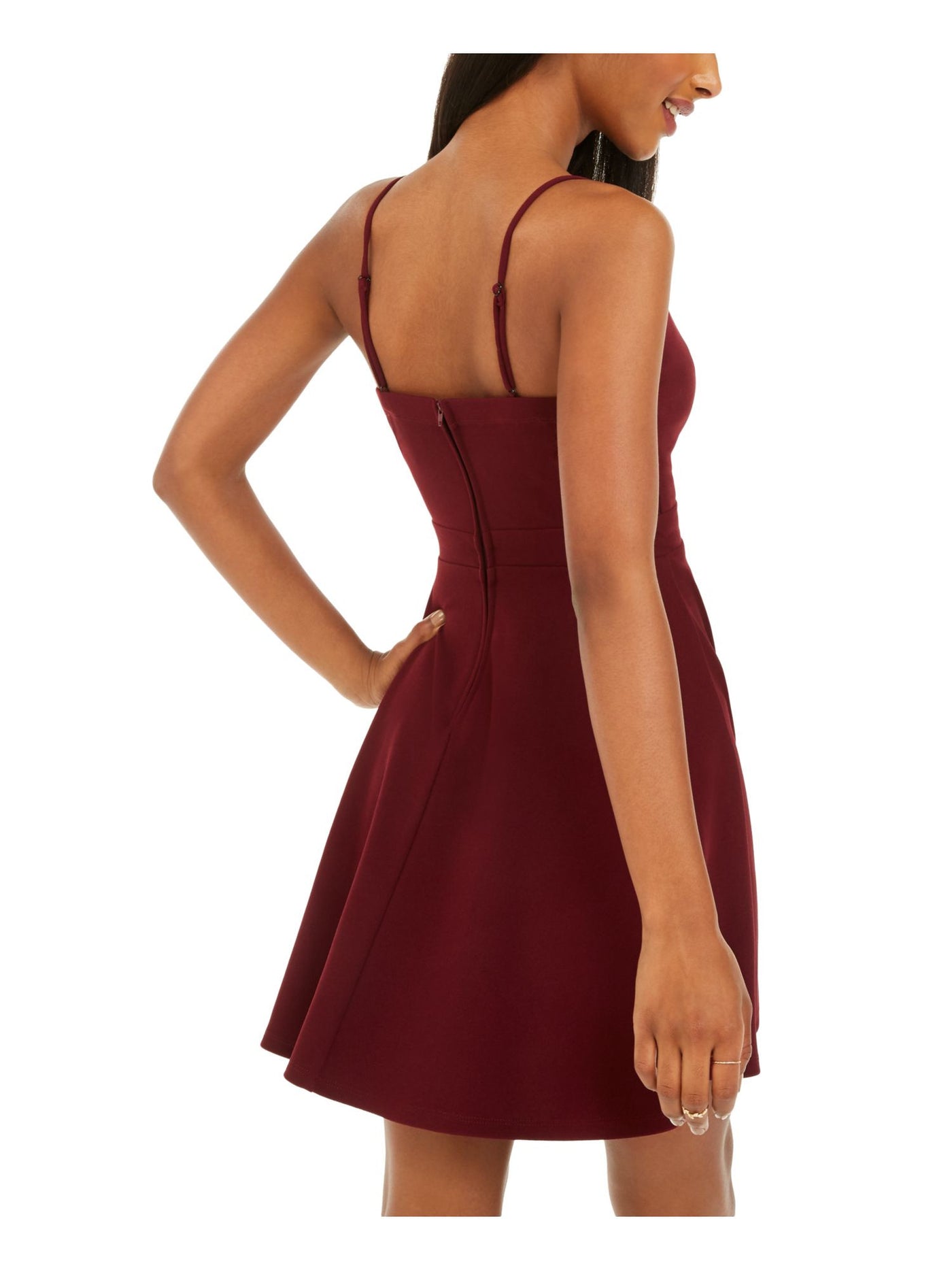 B DARLIN Womens Burgundy Stretch Zippered Scalloped Adjustable Straps Spaghetti Strap V Neck Mini Party Fit + Flare Dress 11\12