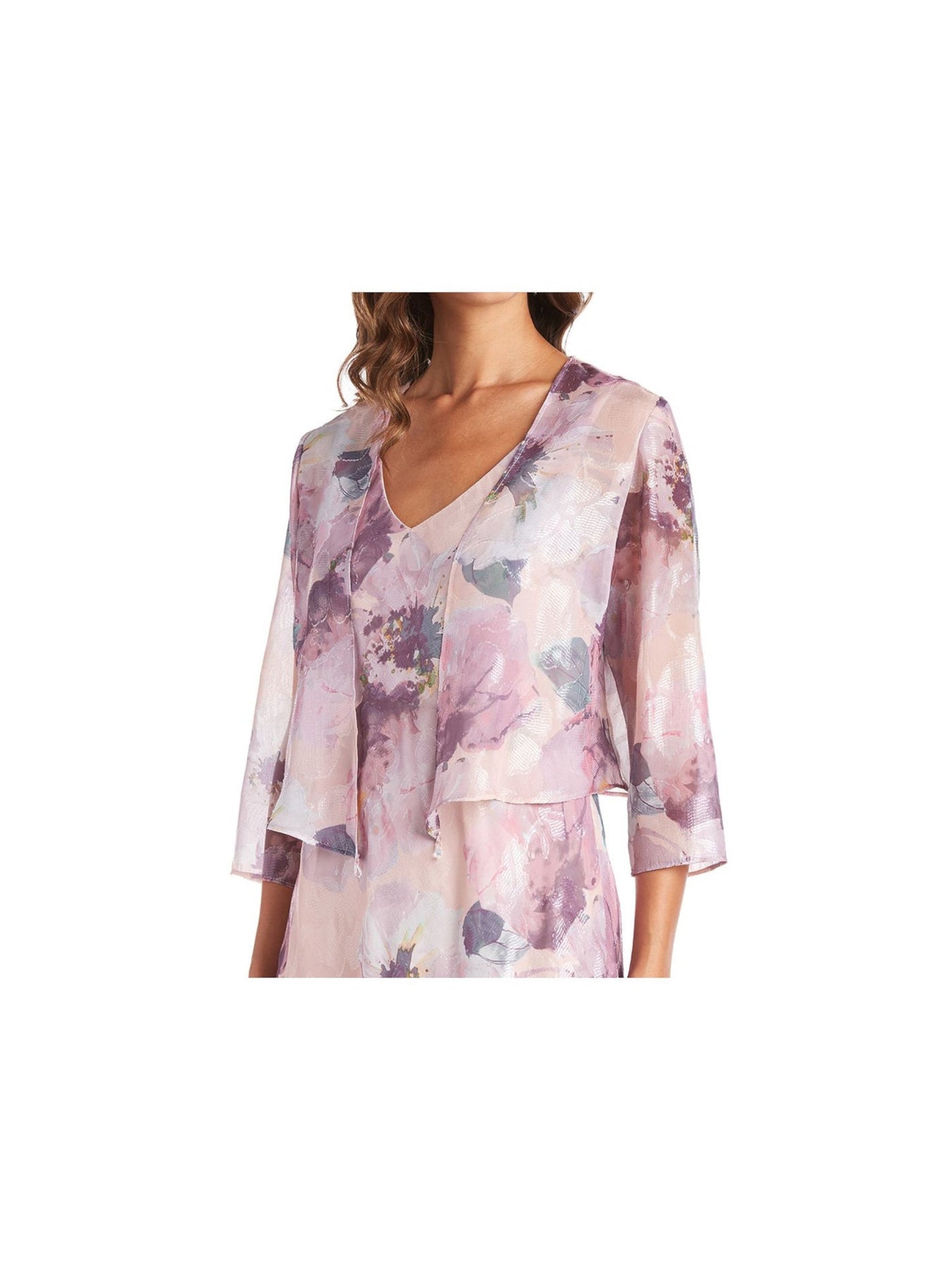 R&M RICHARDS Womens Pink Sheer Floral 3/4 Sleeve Open Front Wear To Work Shrug Cardigan Petites 8P