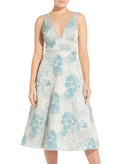 AIDAN MATTOX Womens Ivory Zippered Textured Lined Floral Sleeveless V Neck Midi Cocktail Fit + Flare Dress 4