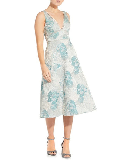 AIDAN MATTOX Womens Aqua Zippered Textured Lined Floral Sleeveless V Neck Midi Cocktail Fit + Flare Dress 12