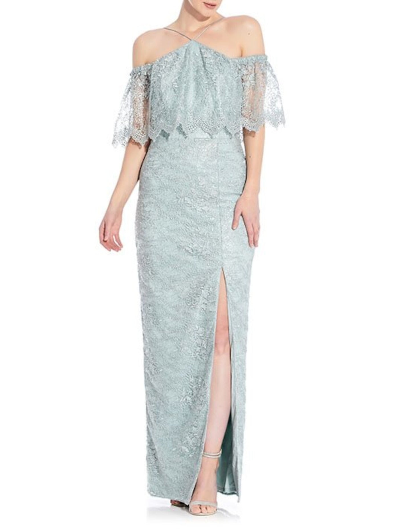 AIDAN MATTOX Womens Turquoise Lace Zippered Flutter Sleeve Halter Full-Length Evening Sheath Dress 4