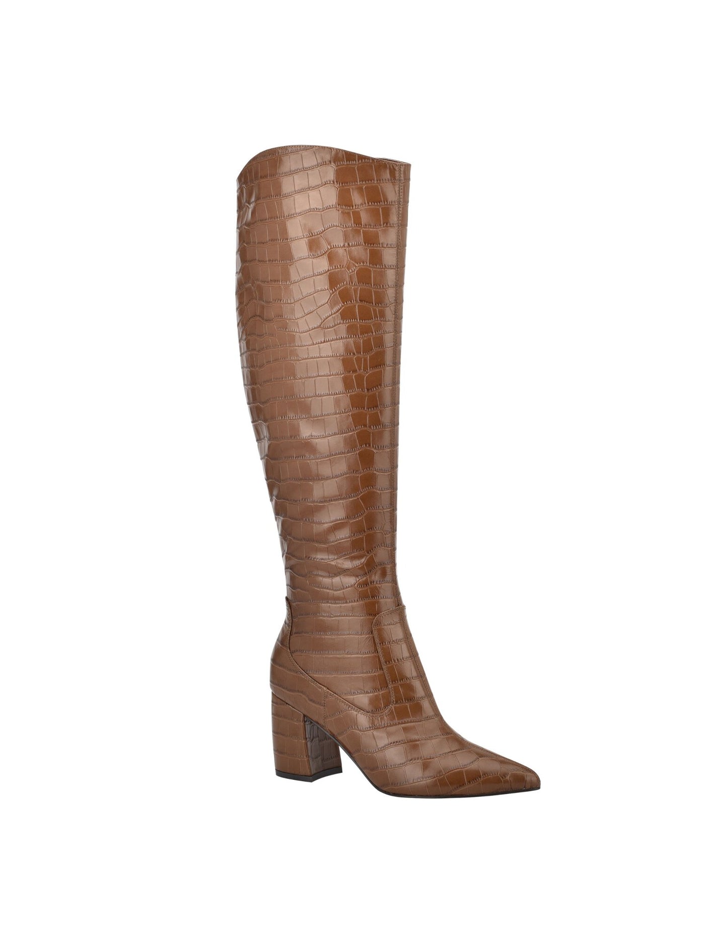 MARC FISHER Womens Brown Croc Padded Retie Pointed Toe Block Heel Zip-Up Leather Heeled Boots 9 M