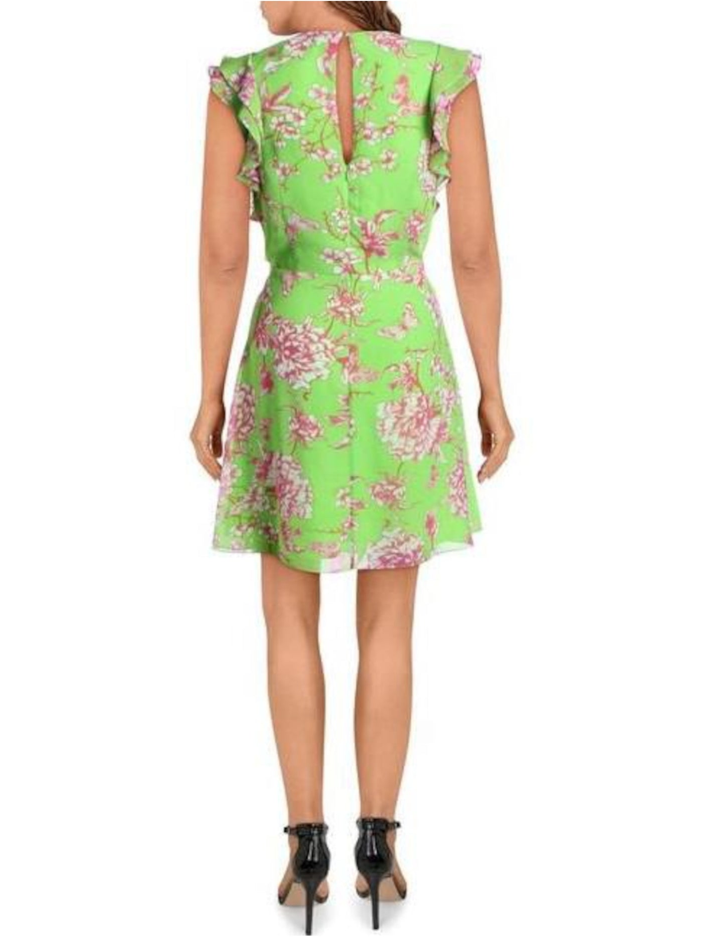 JAY GODFREY Womens Green Zippered Lined Keyhole Back Tie-belt Floral Flutter Sleeve V Neck Short Party Faux Wrap Dress 0