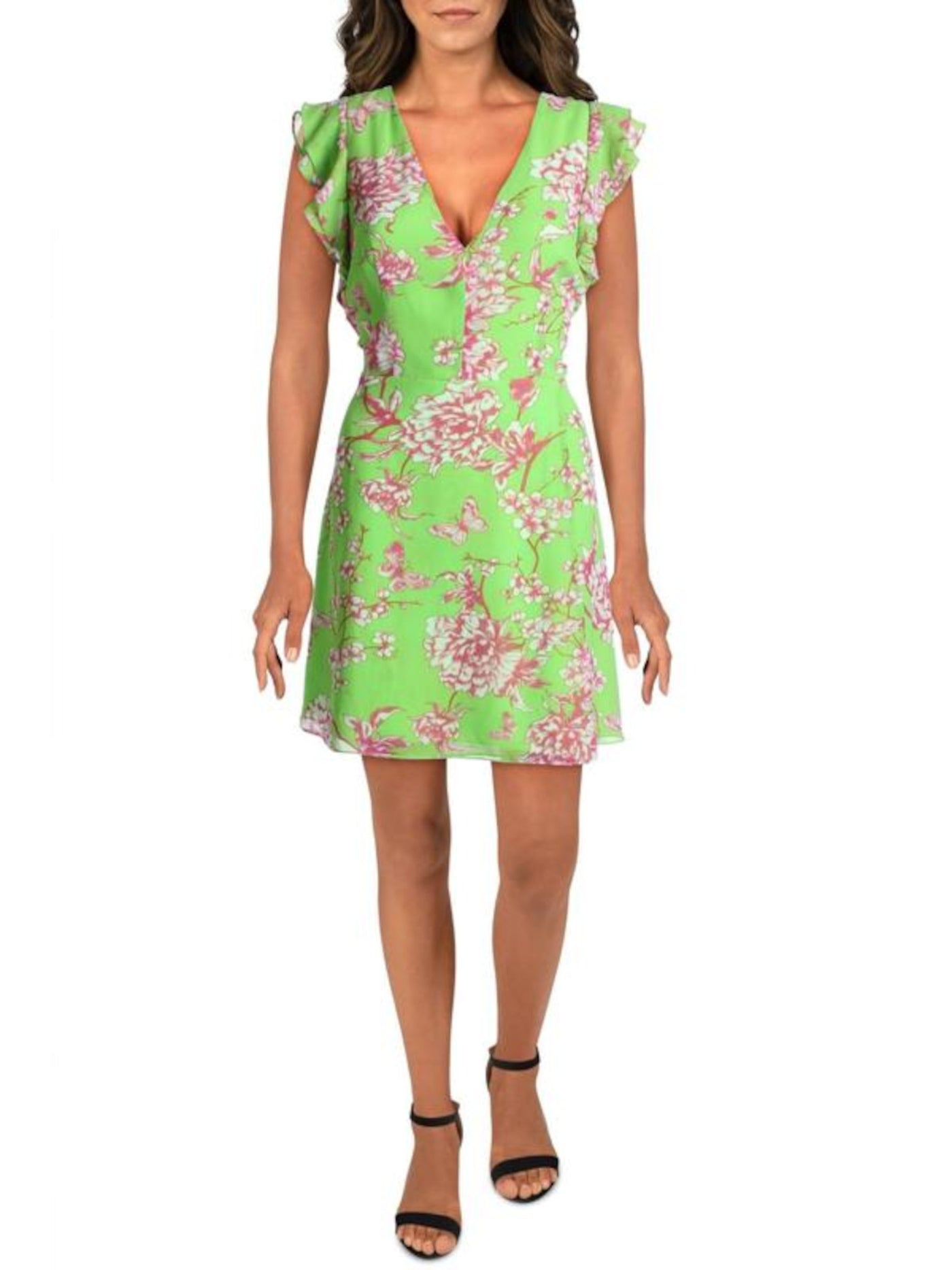 JAY GODFREY Womens Green Zippered Lined Keyhole Back Tie-belt Floral Flutter Sleeve V Neck Short Party Faux Wrap Dress 0