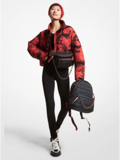 MICHAEL MICHAEL KORS Womens Red Zippered Pocketed Mock Neck Drawstring Cinched Hem Printed Puffer Jacket L