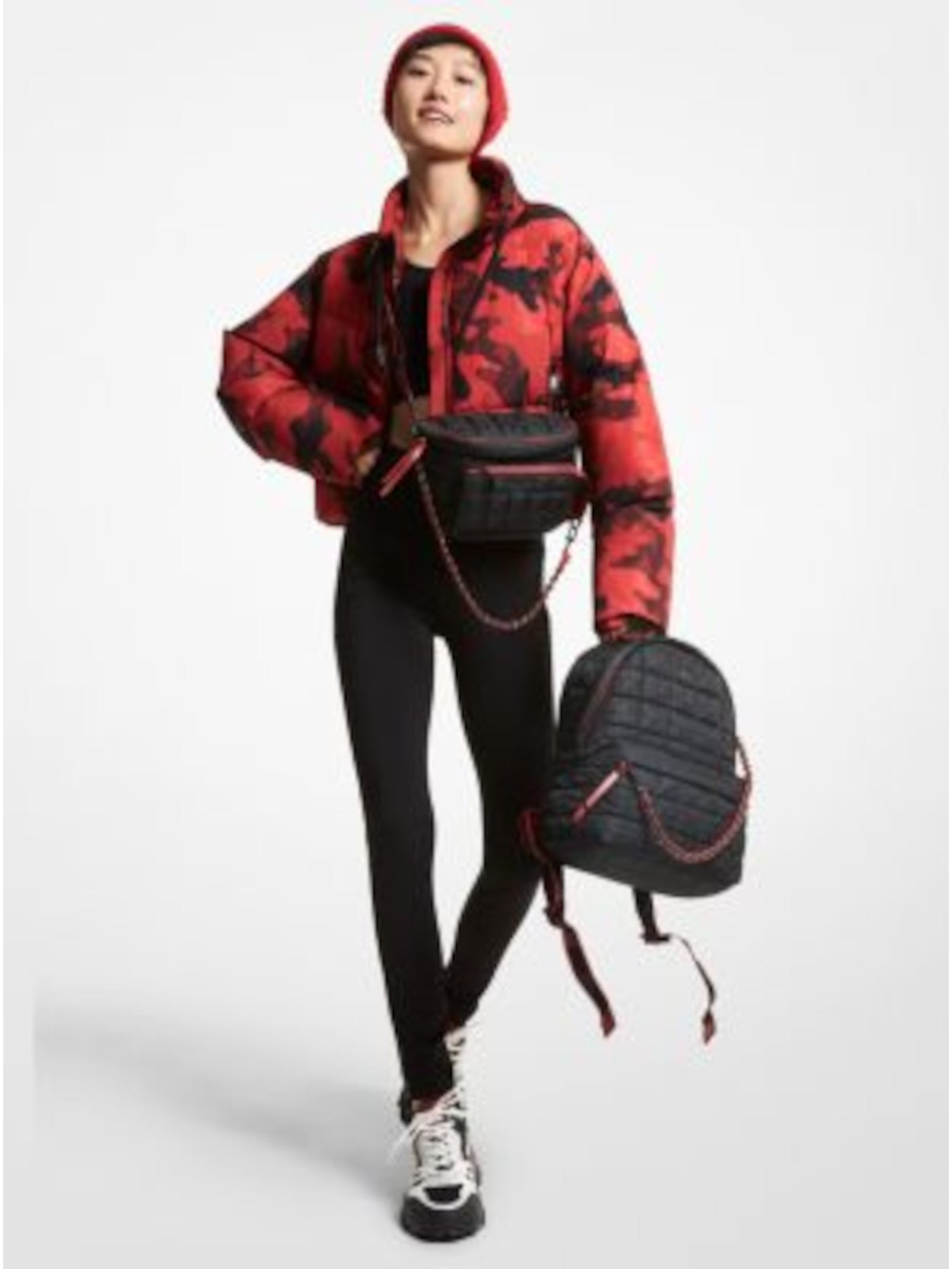 MICHAEL MICHAEL KORS Womens Red Zippered Pocketed Mock Neck Drawstring Cinched Hem Printed Puffer Jacket XS