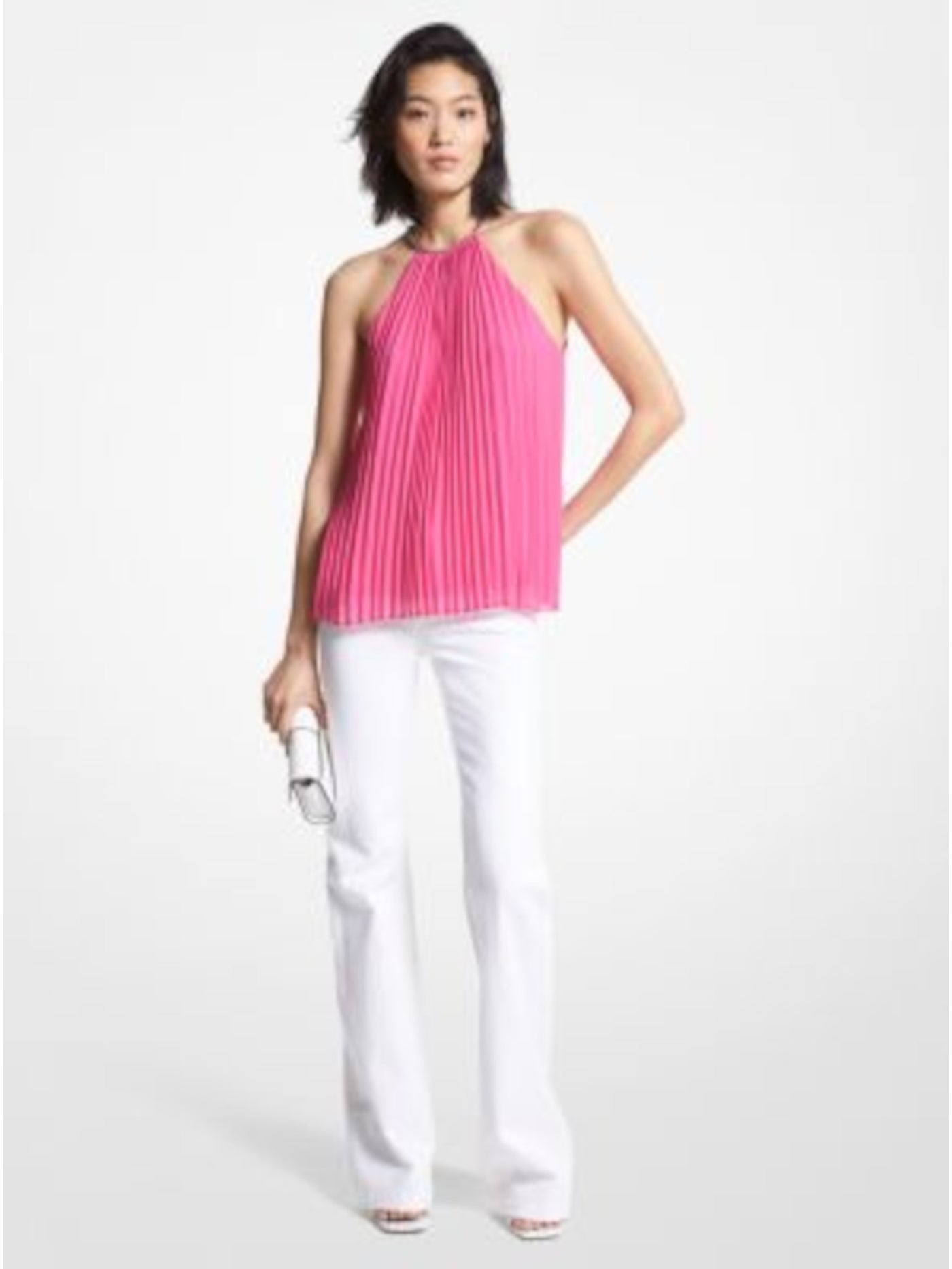 MICHAEL MICHAEL KORS Womens Pink Pleated Lined Chain Detail Sleeveless Halter Top XS