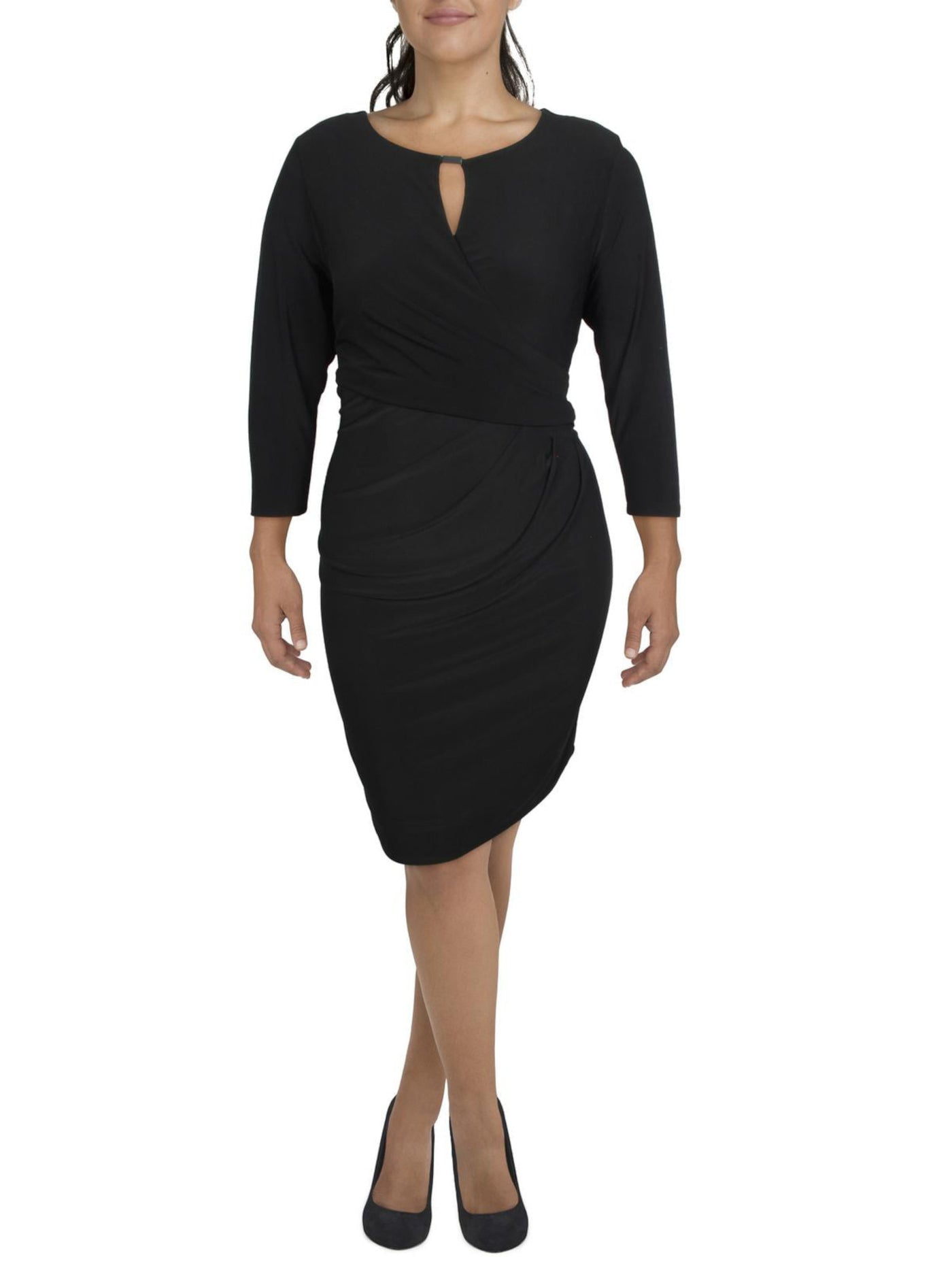 MSK Womens Black Zippered Long Sleeve Keyhole Knee Length Party Sheath Dress L
