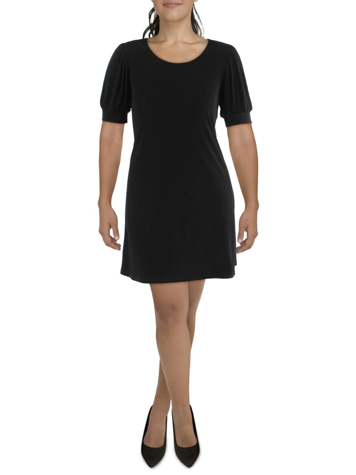 MSK PETITES Womens Black Pouf Sleeve Jewel Neck Short Shift Dress Petites PS